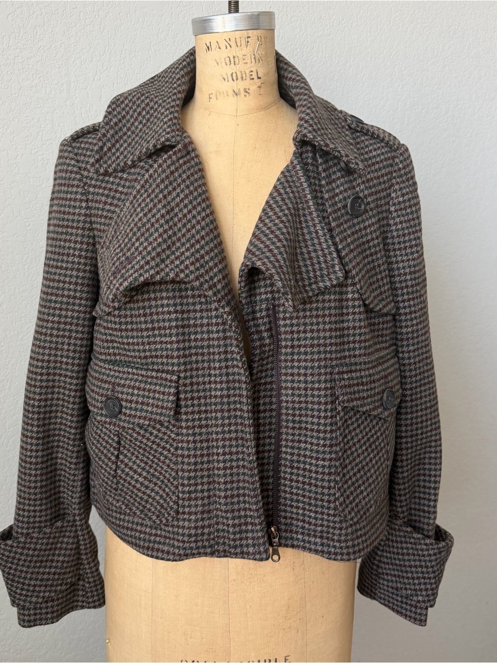 New Zara Houndstooth Peacoat Wool-Blend Blazer Jacket - burgundy/turquoise/Gray